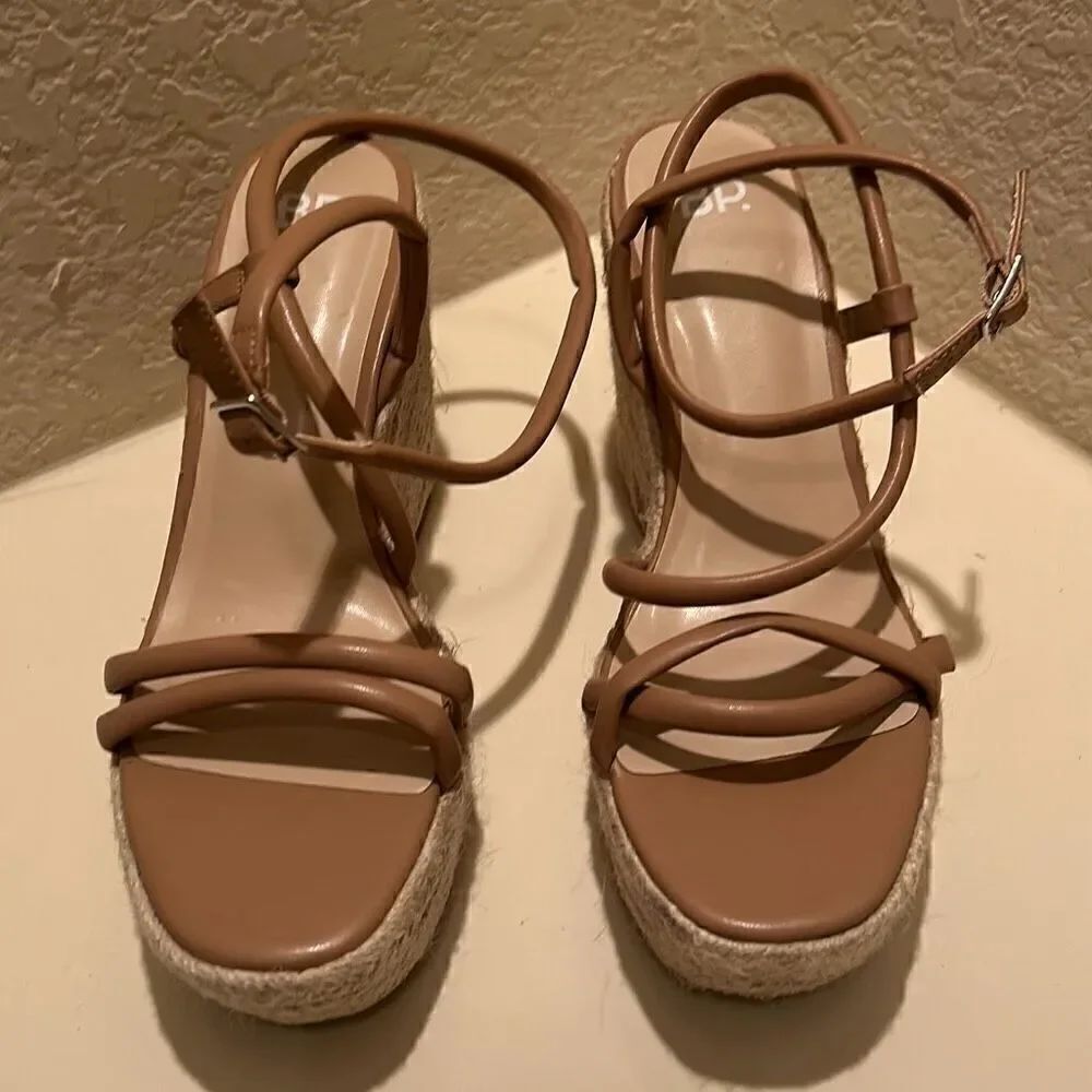 BP Women's 9 Platform Espadrille Strappy Sandals Tan Brown Faux Leather New